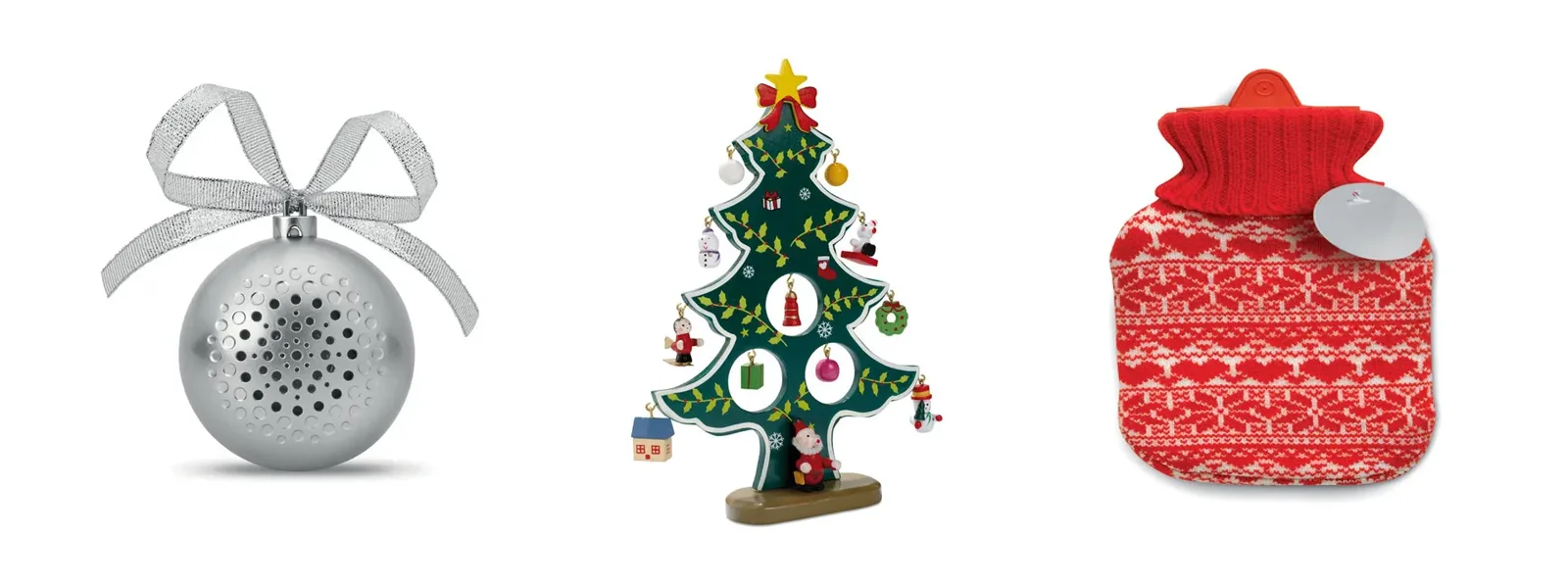 Branded Christmas gifts: a bauble speaker, a wooden desk tree and a knitted hot water bottle
